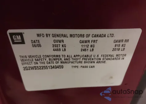 2005 Pontiac Grand Prix Gt from USA, damaged, VIN 2G2WS522551349459